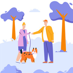 Woman gives dog leash to man working at pet sitting service