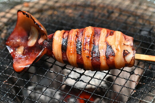 イカ焼き　バーベキュー　炭火でイカのぽっぽっ焼き