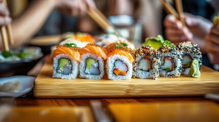 Delicious Sushi Platter on Bamboo Board with Blurred Background