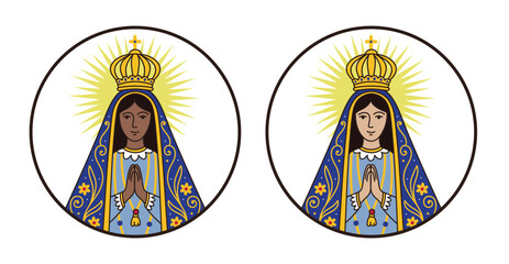 Fototapeta premium Vector illustration of Our Lady of Aparecida, Catholic saint patron of Brazil. Virgin Mary. Beautiful circular vector for logos, icons, prints, posts, cards.eps