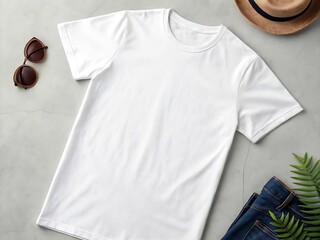 Planning a tropical getaway with a stylish white t shirt hat and sunglasses for sunny days laid on a
