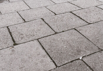 Detailed macro view of a dirty city sidewalk with visible dust, stains, and debris. Useful for themes of urban infrastructure, decay, public spaces, or environmental awareness.