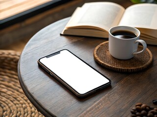 Cozy morning ritual with a blank phone screen open book and hot coffee on a rustic wooden table soft