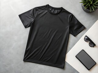 Sleek black T shirt mockup symbolizing minimalistic modern style and urban coolness on a patterned