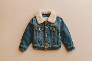 A light green and white Baby wear denim jacket with a silky golden fluffy collar and buttons. isolated on light beige aesthetic backdrop