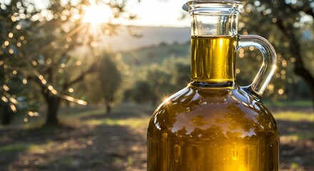 Olive Oil in Glass Bottle on Field, Sunlight