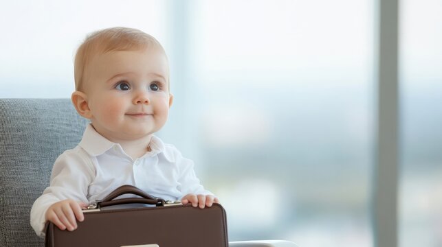 Funny baby dressed as boss with briefcase at office desk, vertical layout with space for text