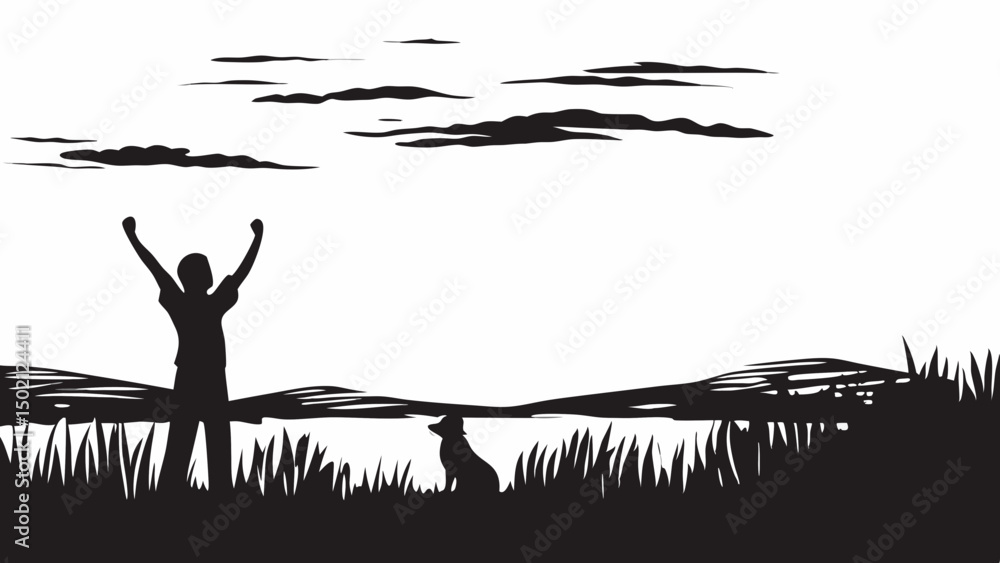 Poster silhouette of person with arms raised next to dog in field with hills and clouds in the background s