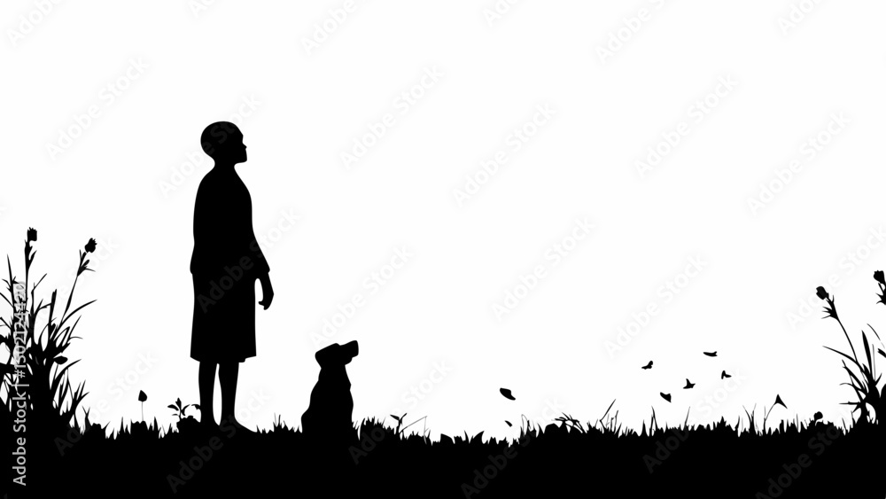 Poster silhouette of a child and a dog in a field with grass and birds flying in the white background sky c