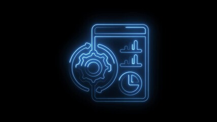 Business process automation neon icon loop with data analysis and productivity chart on black - Powered by Adobe