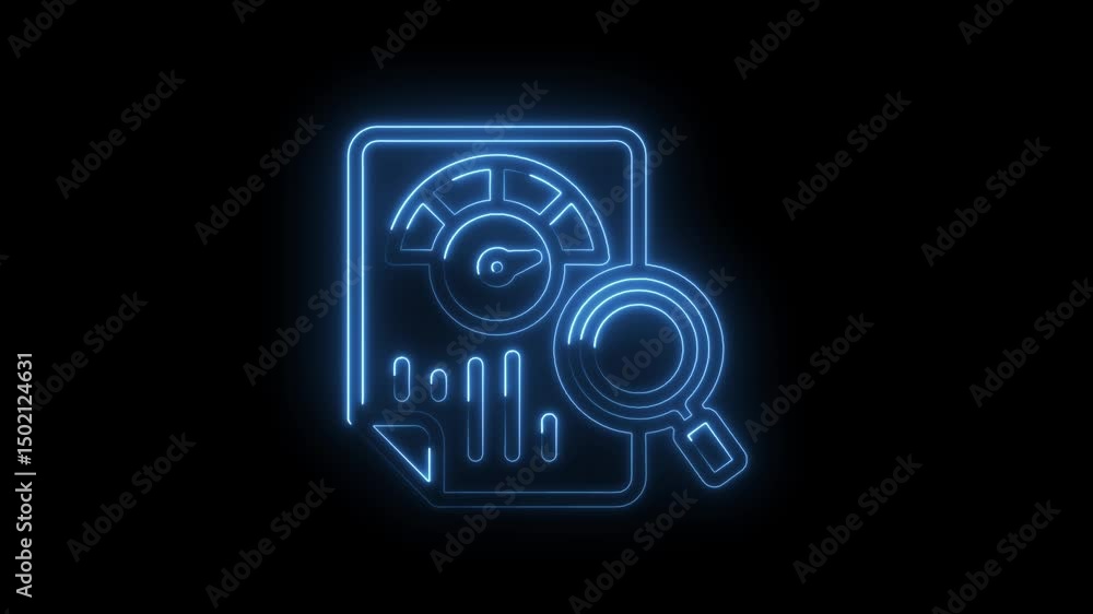Poster neon data analysis icon animation revealing performance metrics with magnifying glass on black