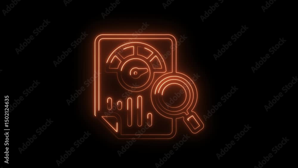 Poster neon style data analytics report with dashboard and magnifying glass illustration