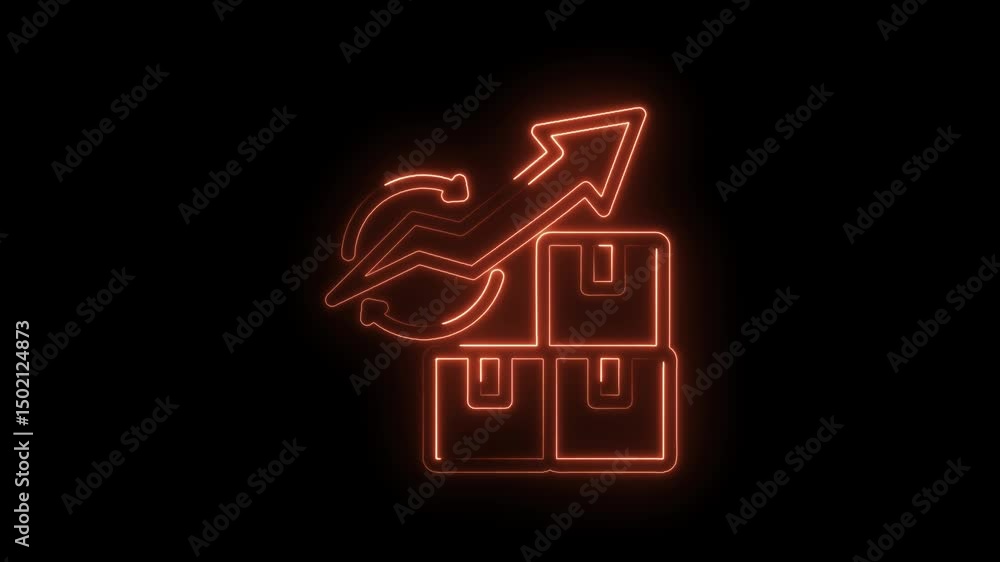 Poster glowing neon animation of boxes with arrow symbolizing stock increase and order delivery