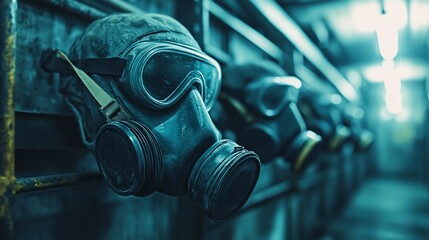Row of protective gas masks hanging on the wall in an industrial setting or abandoned location
