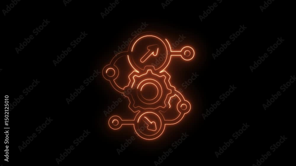 Poster neon glowing cogwheel with process control icons on a dark background animation