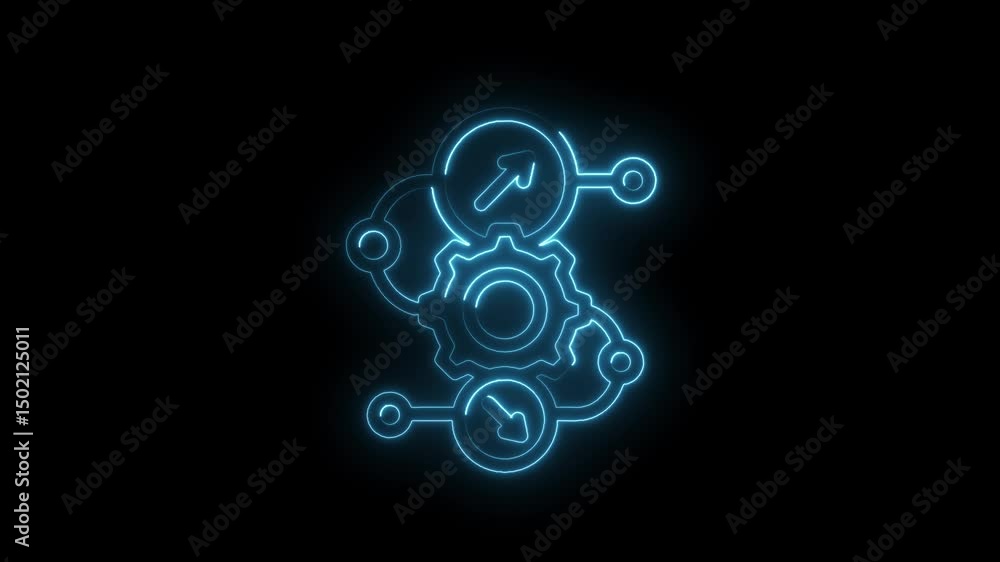 Poster glowing neon gear mechanism with timers for automated business process animation