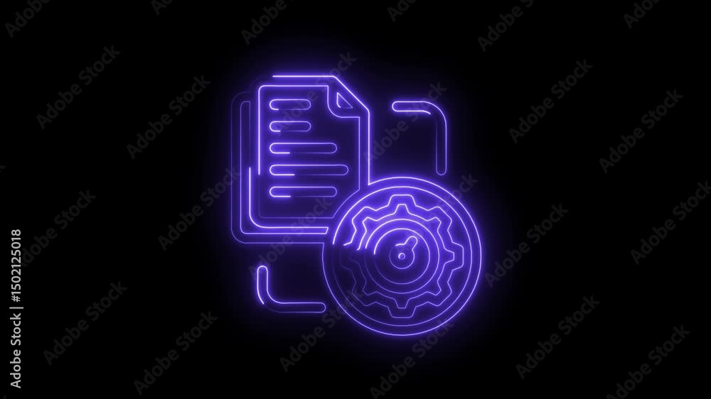 Poster animated neon document with gear represents settings and configuration options on a black background
