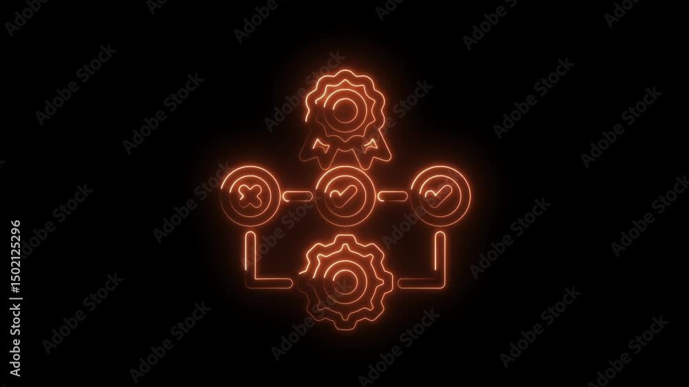 Poster neon business process flowchart animation with checkmarks and gear on black background