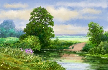 Lake in the fores. Beautiful watercolor rural landscape,  the river, garden, trees, flowers, illustration painted by the artist