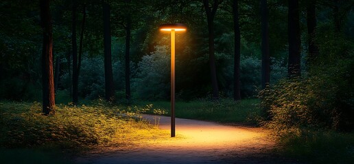 A peaceful pathway illuminated by a modern lamppost in the middle of a dark forest