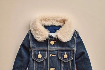 A navy and white Baby wear denim jacket with a silky golden fluffy collar and buttons. isolated on light beige aesthetic backdrop