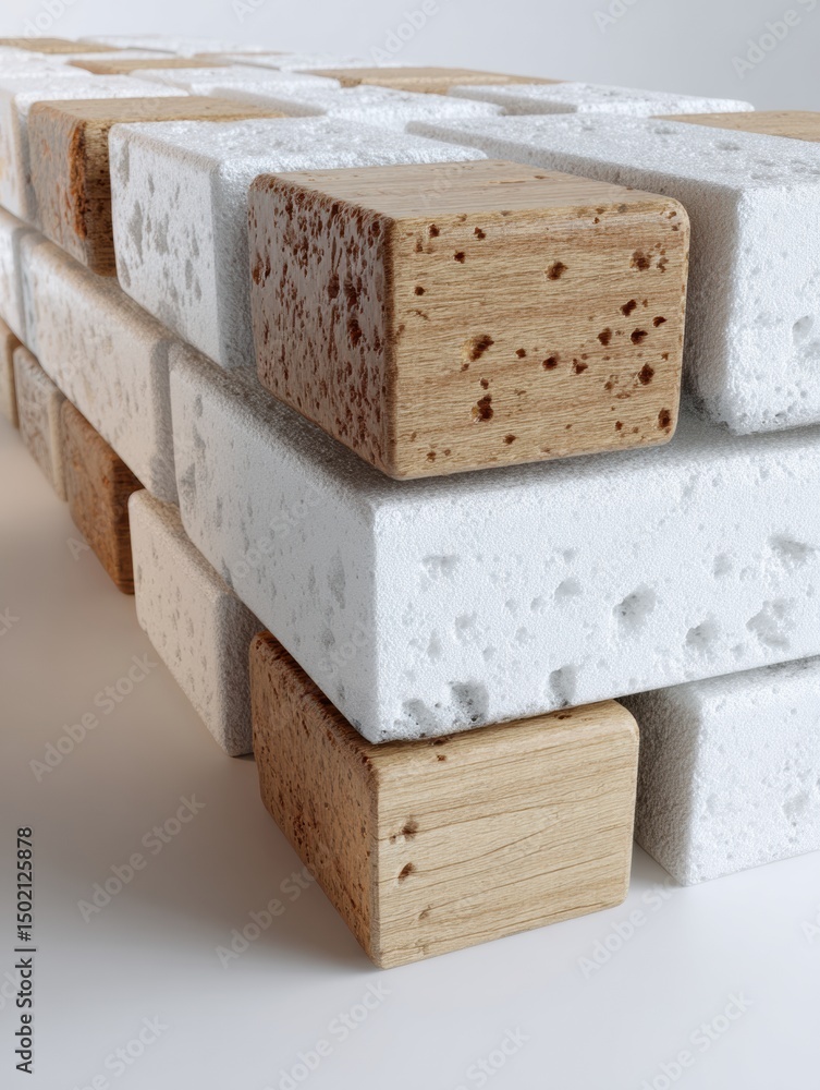 Fototapete Clean Render Showcasing a Stack of Bricks and Foam Blocks Combined With Wood Elements Fixed With Glue on a White Backdrop