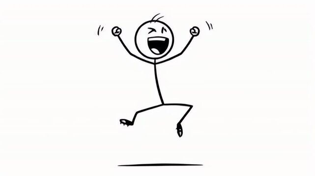 Happy Stick Figure Jumping with Joy on White Background Expressing Success and Celebration in Simple Cartoon Style, Representing Positive Emotions and Dynamic Activity