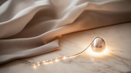 Obraz premium An Elegant Pearl Ornament with Delicate Diamond Chain on Marble Surface