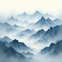 The image captures a serene, hazy landscape with a mountainous terrain adorned with a gentle mist. The mountains exhibit varying shades of blue, exhibiting a sense of depth and distance.