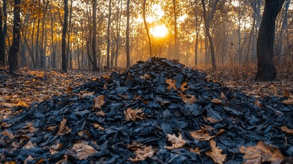 A pile of burnt autumn leaves in a forest illuminated by the golden light of sunset
