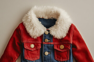 A red and white silk cotton Baby wear denim jacket with a silky golden fluffy collar and buttons. isolated on light beige aesthetic backdrop