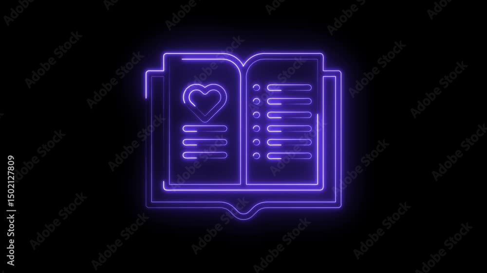 Poster neon glowing open book with heart symbol,text and lists on black background