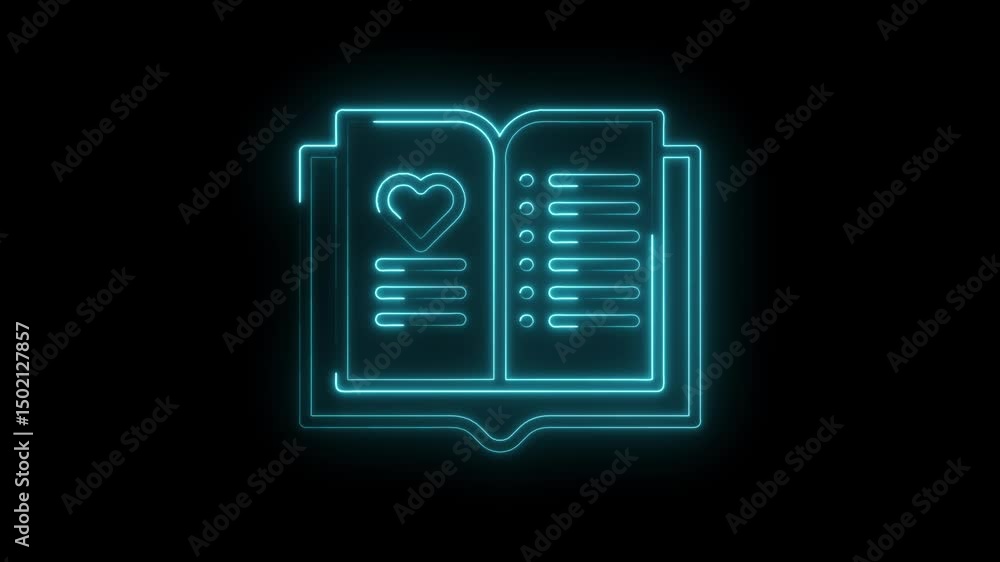Poster glowing neon open book with heart and list on a black background