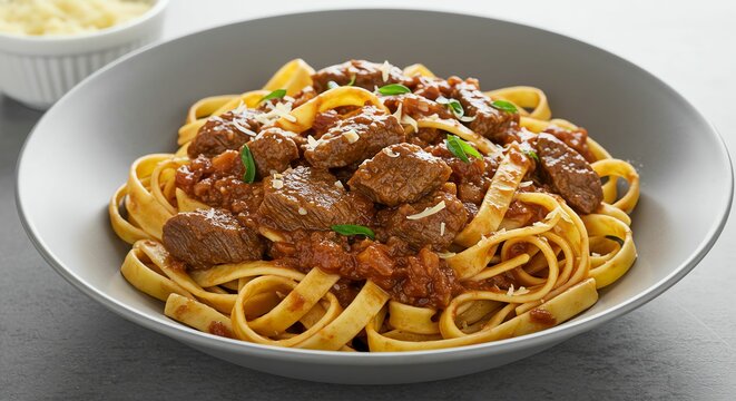 Beef Pasta Dish with Marinara Sauce and Basil Garnish