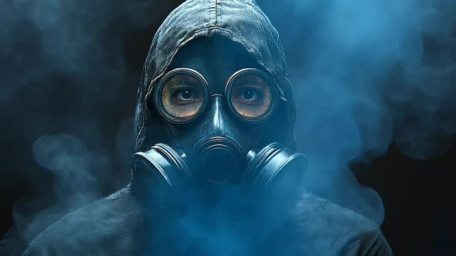 Eerie hooded figure behind gas mask amidst a hazy polluted smoky backdrop