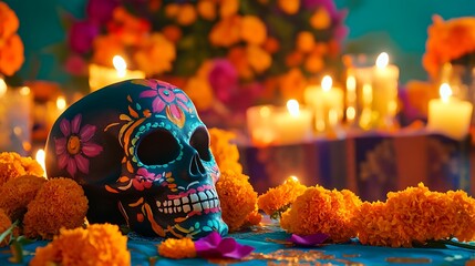 Decorated skull amidst marigold flowers and candles.