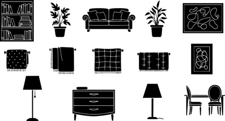 Home furniture and decor solid icons set - silhouette style interior, furnishing, and design symbols for modern living: bookshelf, sofa, plant, fabric, dresser, lamp, art, chairs.