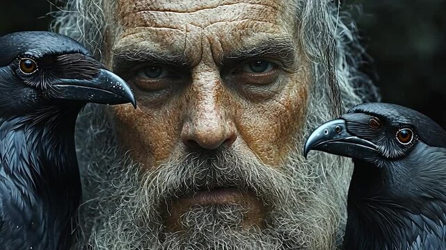 Ancient Elder with Ravens: A Portrait of Wisdom and Mystery in the wild