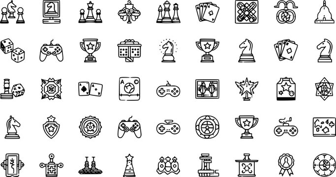 Gaming and entertainment icon set – linear style video games and leisure symbols for fun activities, consoles, and achievements: joystick, game controller, trophy, heart, start button