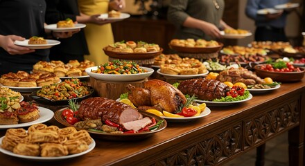 Obraz premium Food Buffet with Meat, Vegetables and Pastries