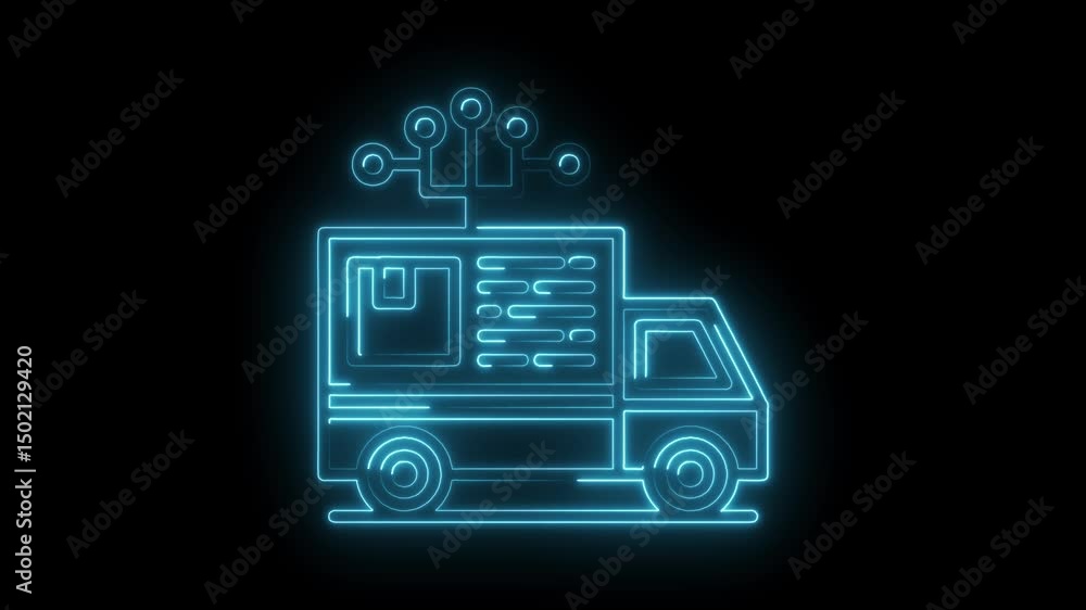 Poster neon smart delivery truck with data network connection on dark background