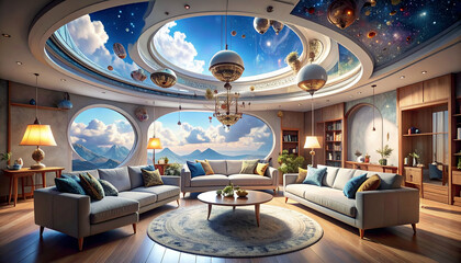 Obraz premium Luxurious interior with sofas round windows and a celestial ceiling design.