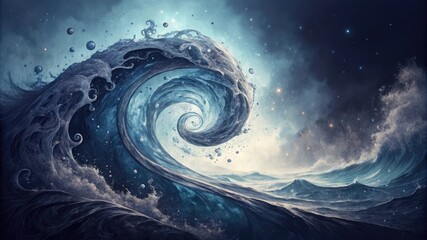 inky water swirl in slow motion, indigo and black color scheme, smooth gradient edges, floating mist highlights