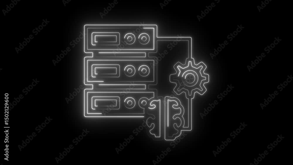 Poster neural network processing neon outline of servers with gear and brain on black background