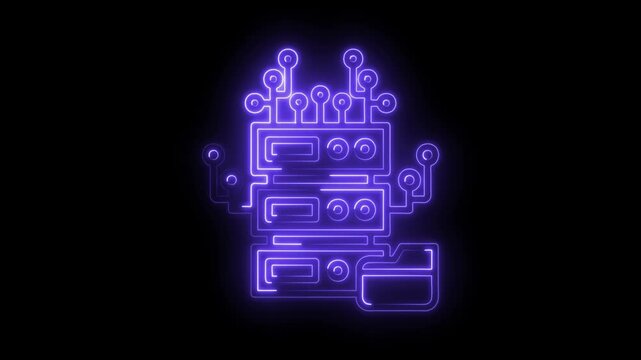 Glowing neon server data storage icon animation on a black background loop