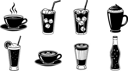 Hot drinks and beverages silhouette icon set &ndash; solid style coffee, tea, and refreshment symbols for menu design: teacup, iced drink, cappuccino, smoothie, latte, soda.