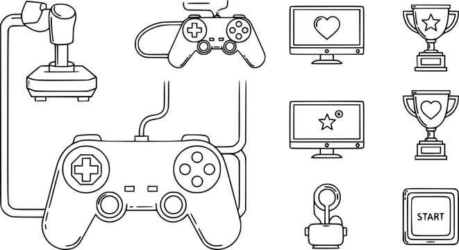 Gaming and entertainment icon set &ndash; linear style video games and leisure symbols for fun activities, consoles, and achievements: joystick, game controller, trophy, heart, start button