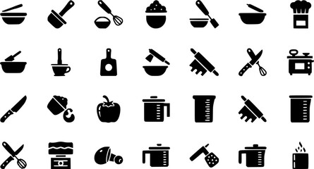 Obraz premium Culinary and cooking solid icons set – filled, kitchen and recipe preparation symbols 