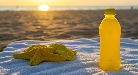 Starfish and Drink on Beach at Sunset