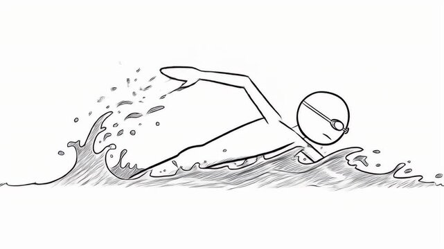 Stick Figure Swimmer Performing Freestyle Stroke in Black and White Isolated Against White Background for Sport and Exercise Illustration